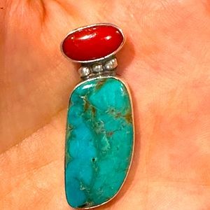 Stunning, turquoise, coral and sterling silver pendant